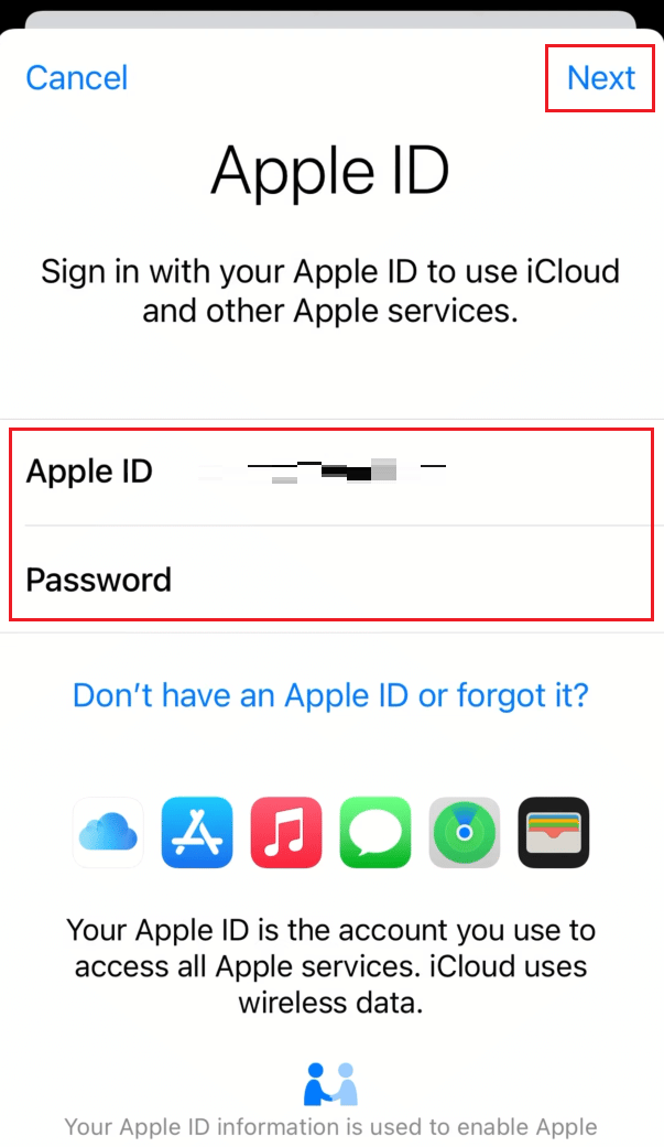 Enter your Apple ID and Password in the respective fields and tap on Next