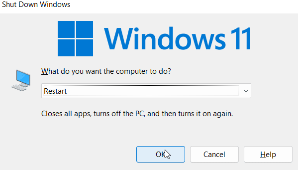 select restart and click on OK