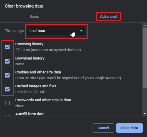 select last hour in time range and tick top 4 checkboxes in advanced and click OK