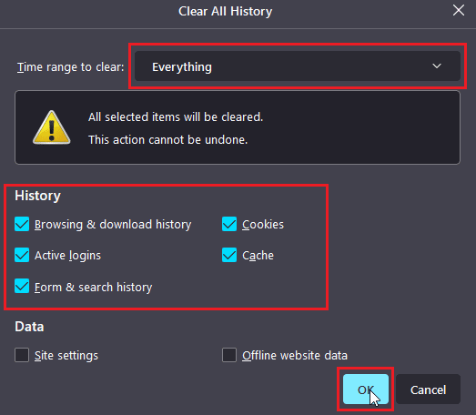 select everything in time range drop down and tick all checkboxes in history heading and click ok