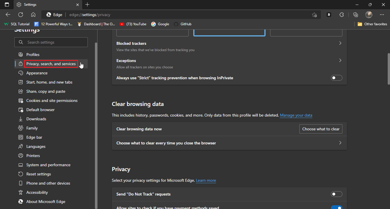 click on privacy search and services