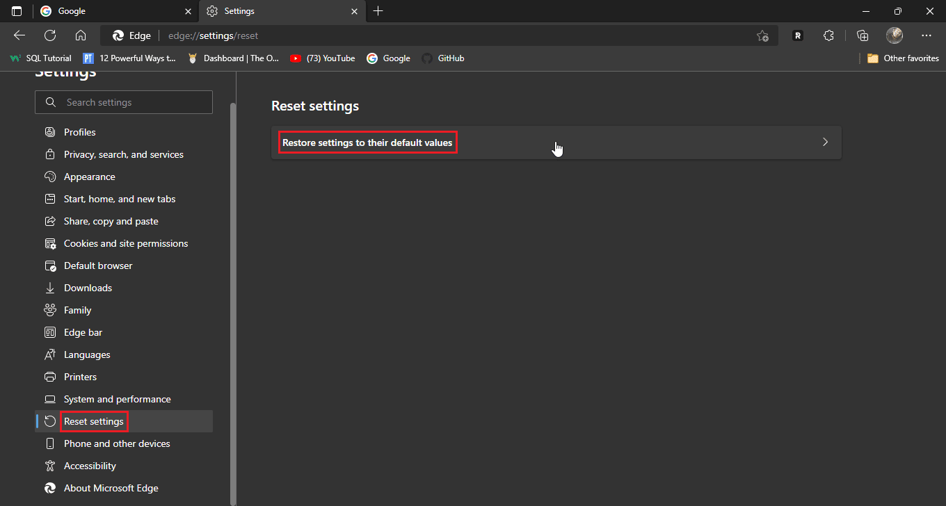 click on restore settings to thier default values