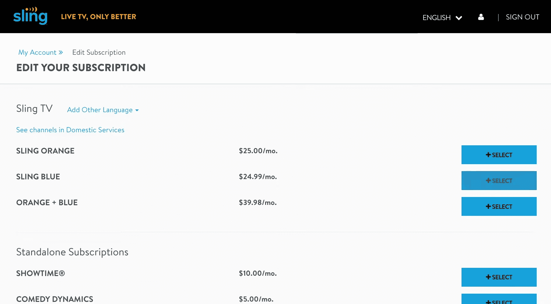 EDIT YOUR SUBSCRIPTION page Sling TV | How Do I Manage My Sling Account
