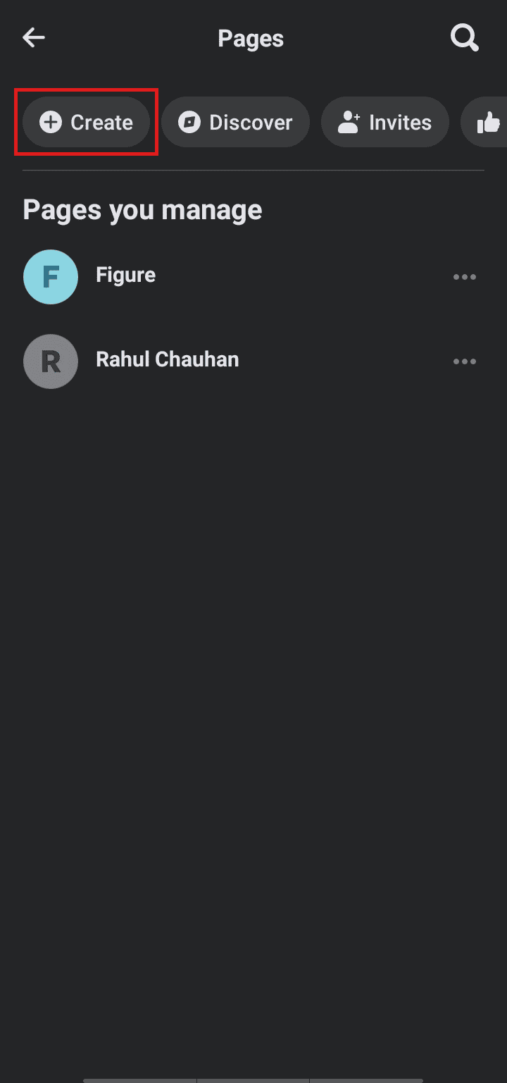 Tap on Create to create a new Page | How to Add Another Facebook Account