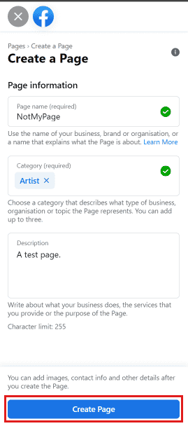 Enter the details accordingly and click on Create Page.