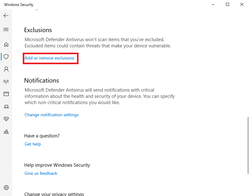 click on add or remove exclusions 