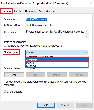 select the Startup type to Automatic