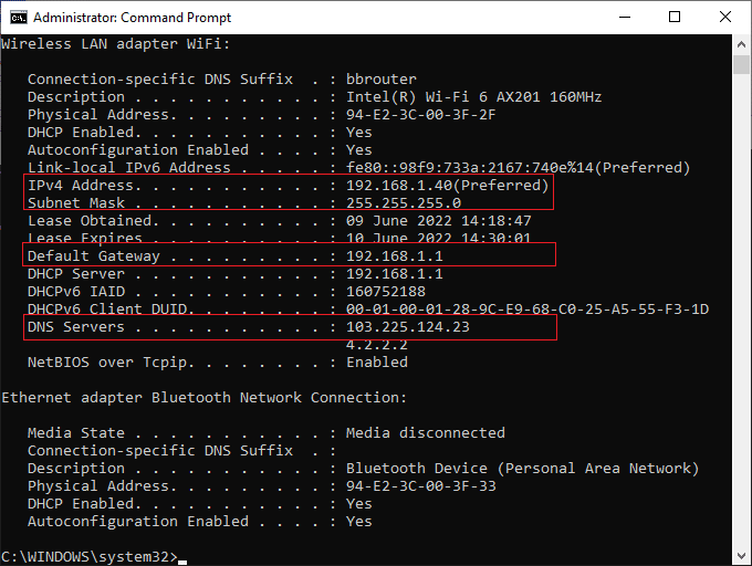 note down the Default Gateway detail from the Window
