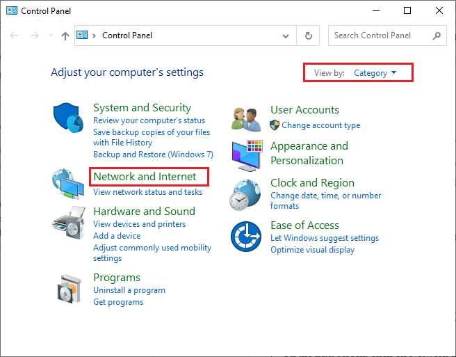 set the View by as Category and click on Network and Internet
