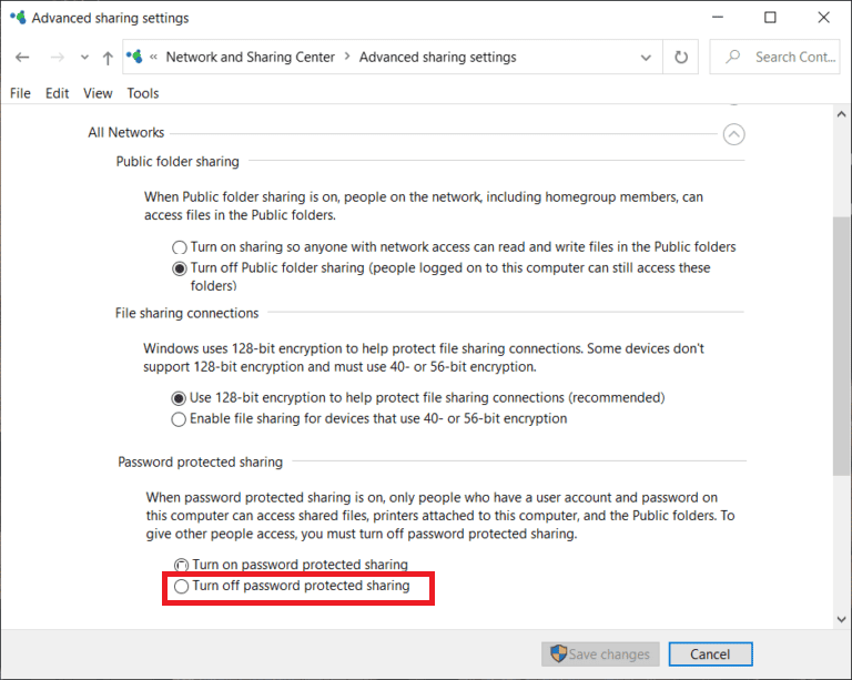 Expand the All Networks section and click on the Turn off password protected sharing option