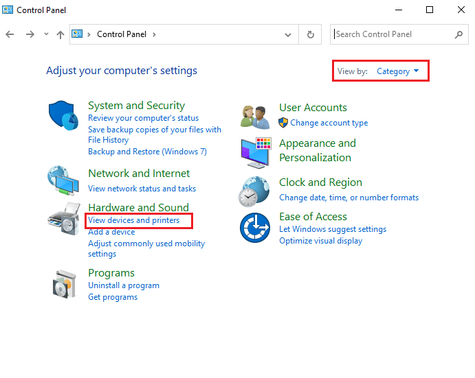 set View by as Category and click on View devices and printers link