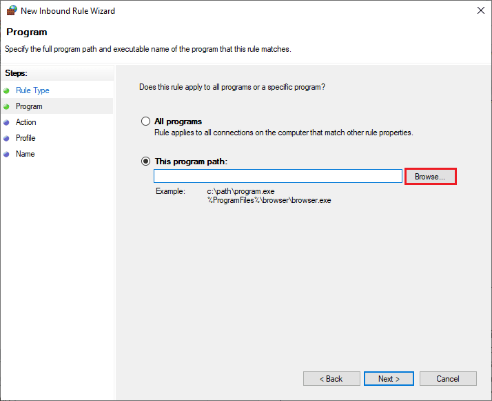 click on the Browse… button corresponding to This program path