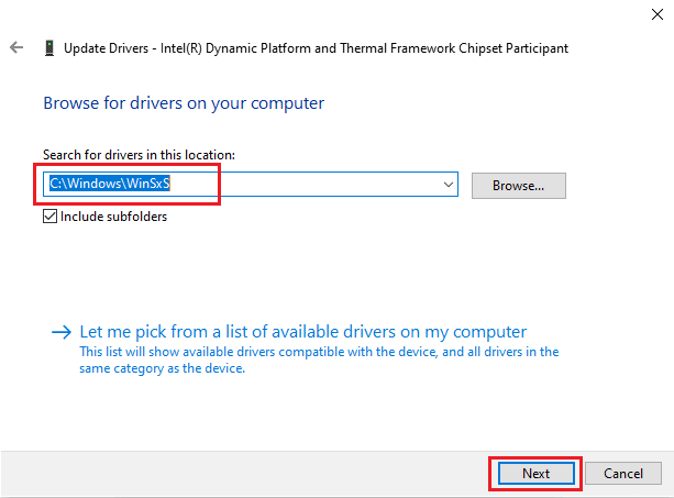 Enter the following location in the Search for drivers in this location and click on Next