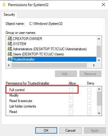 check the Allow box next to the Full control