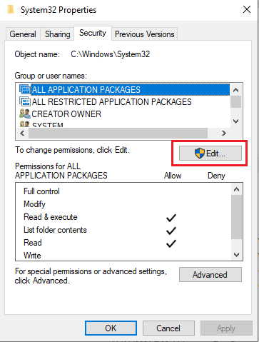 Go to the Security tab and click on the Edit button