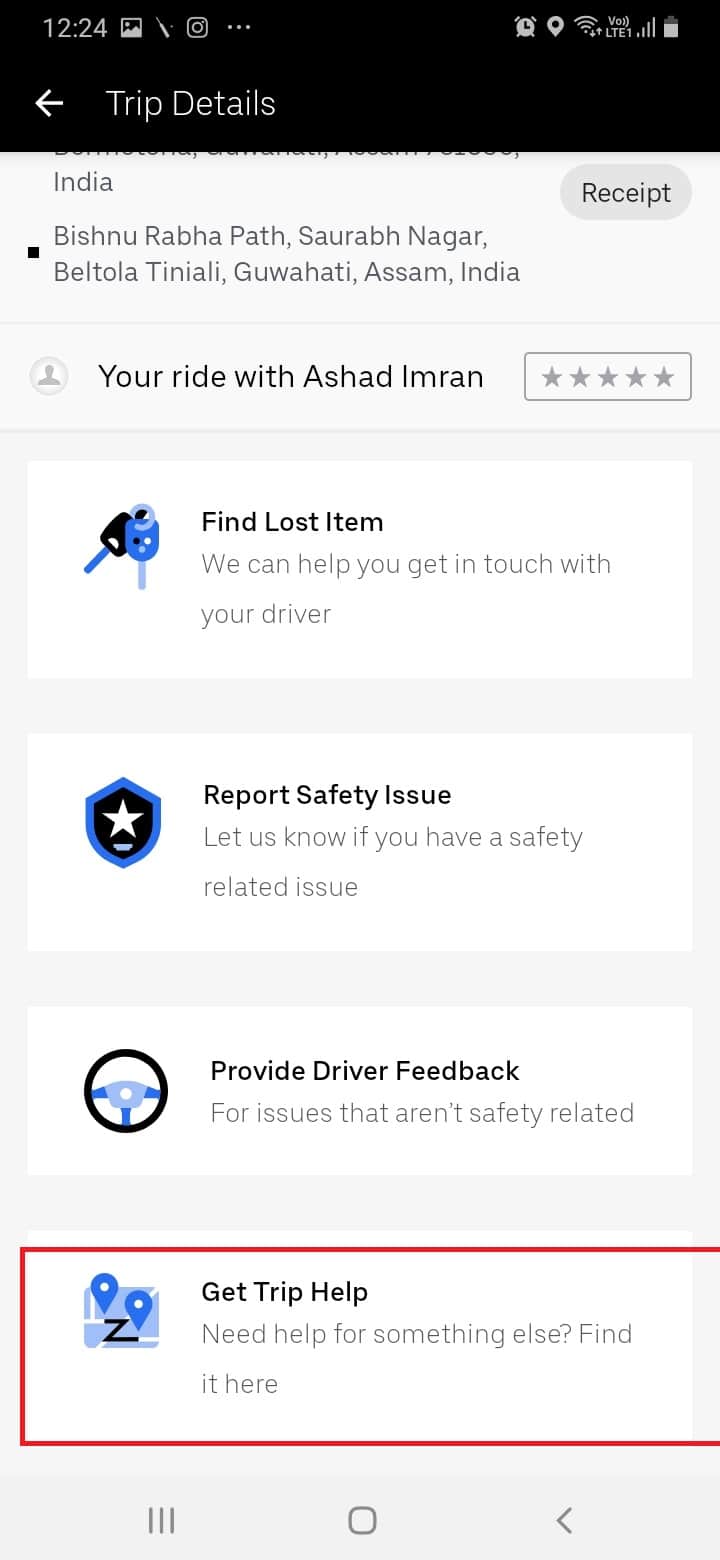 Swipe down and tap on Get Trip Help | How to Delete Uber History
