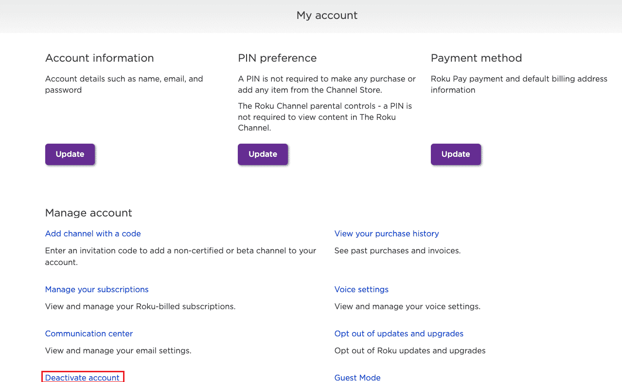 Return to the My account page and click on Deactivate account