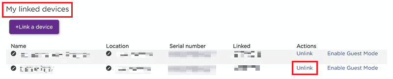 My linked devices section - Click on Unlink next to the desired device