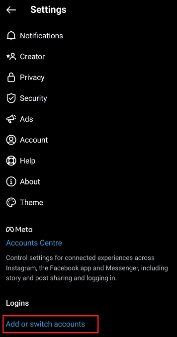 Swipe down and tap on Add or switch accounts | Instagram burner account