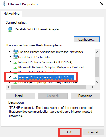 Click on the checkbox of the Internet Protocol Version 6 TCP IPv6 option