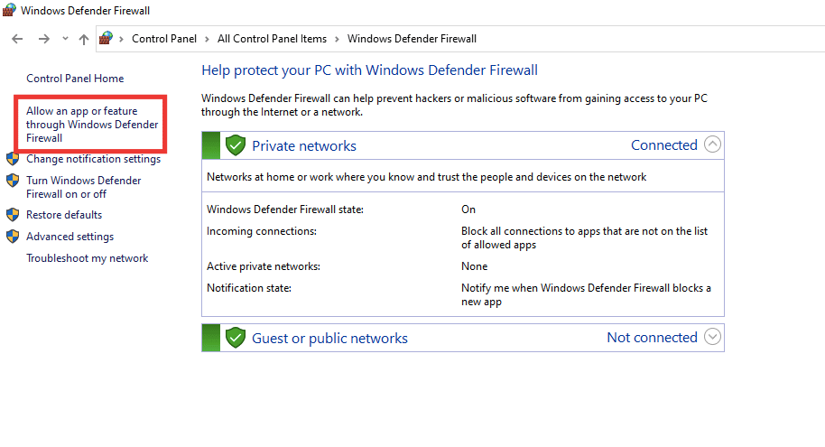 Click on Allow an app or feature through Window Defender Firewall