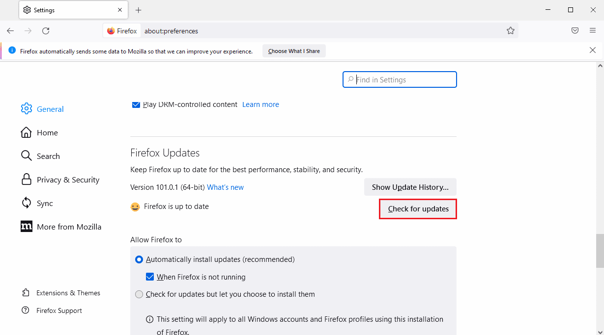 click on the Check for updates button in the Firefox Updates section. Fix Netflix Error f7121 1331 P7 in Windows 10