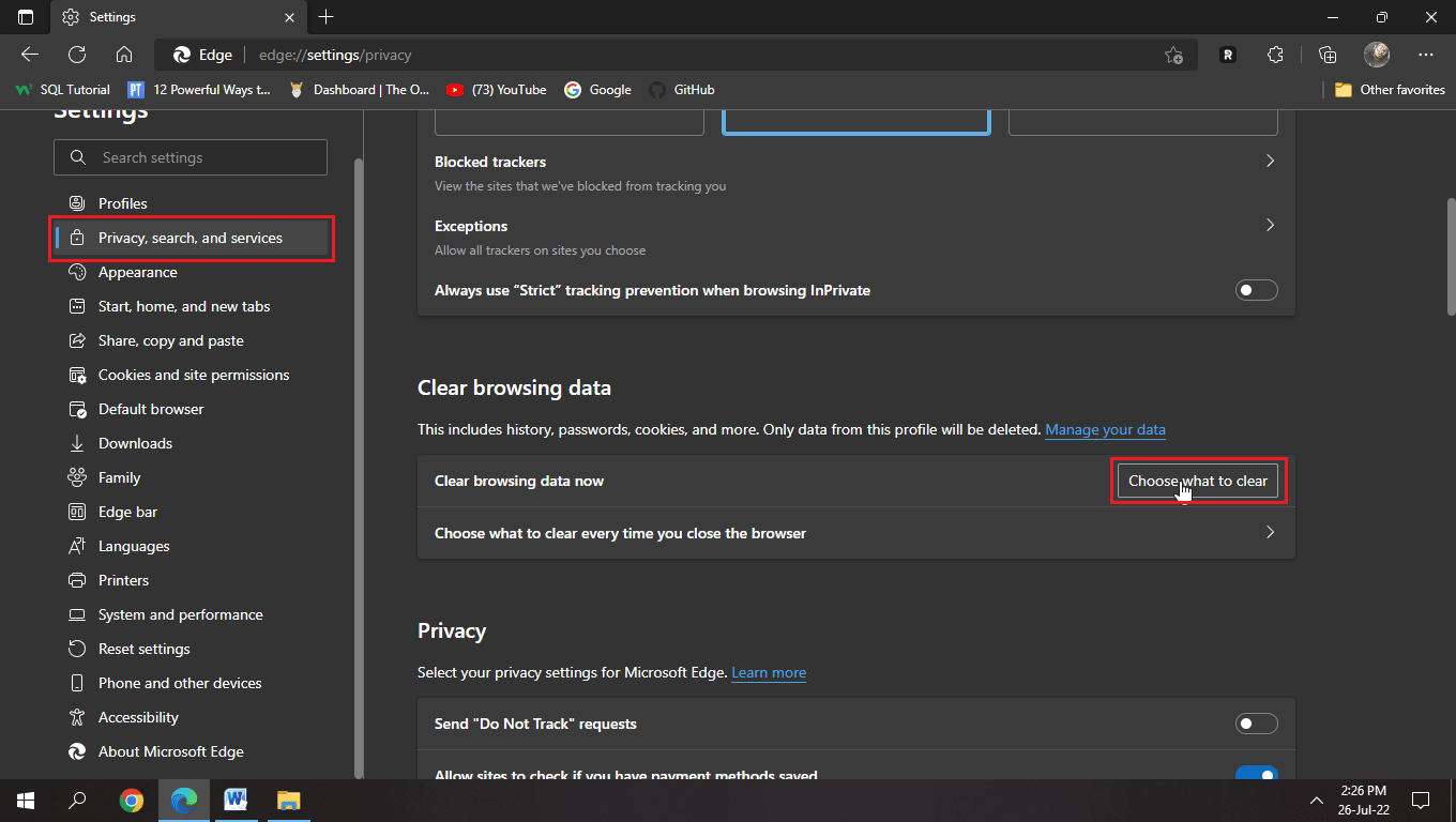 Click on Choose what to clear under the Clear browsing data heading