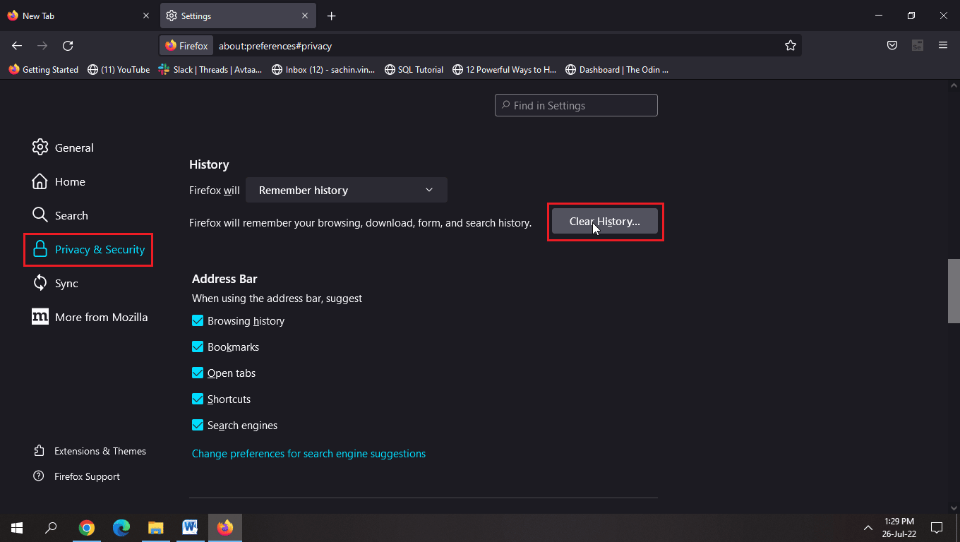 Select all the options under the Address bar heading and click on Clear History. Fix Unable to save changes on FB Issue