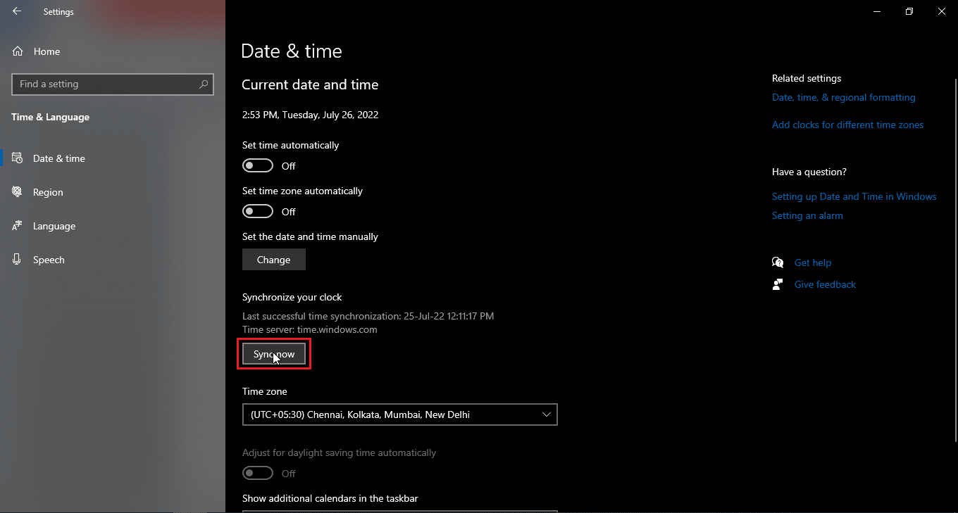 If you want to synchronize the date and time instantly and click on Sync now