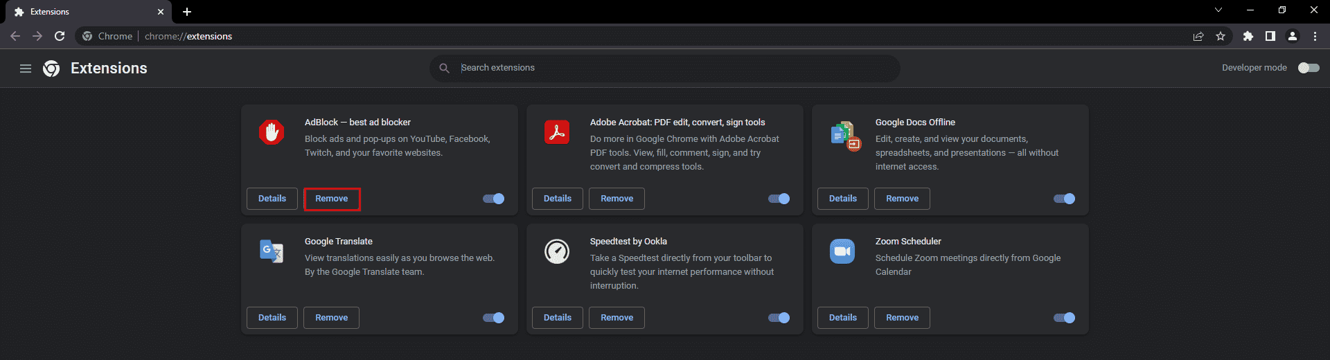 click on remove option in google chrome extension