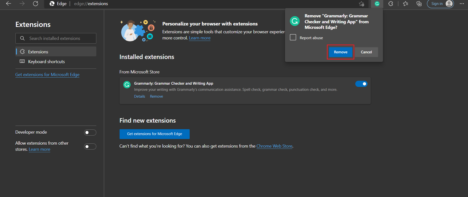 click on Remove in the pop up