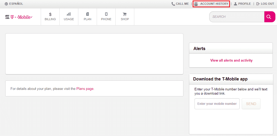 click on the ACCOUNT HISTORY option | T-Mobile delete browser history
