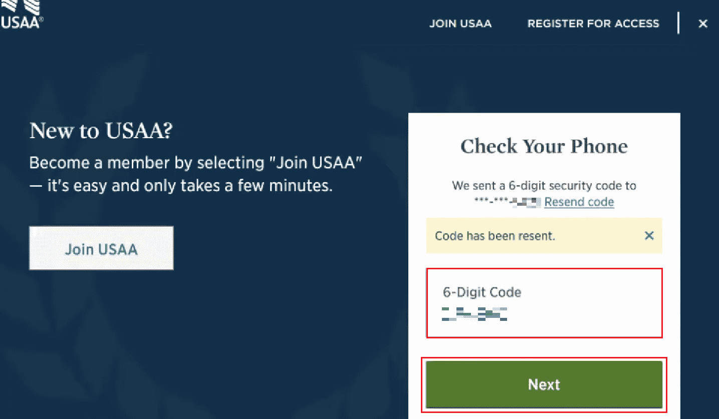 Enter the received 6-digit code from your phone or email and click on Next