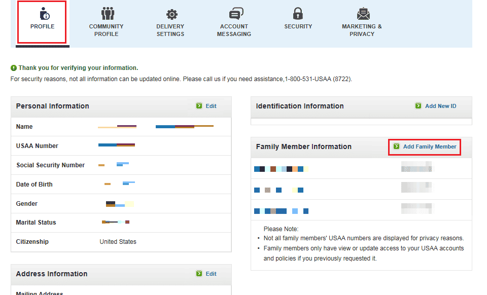 Click Add Family Member and provide the necessary details to add your wife to your USAA account