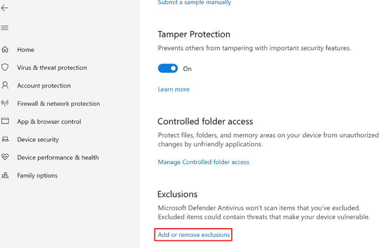 Click on Add or remove exclusions