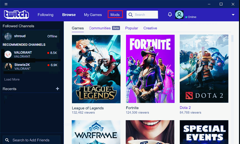 go to Mods tab