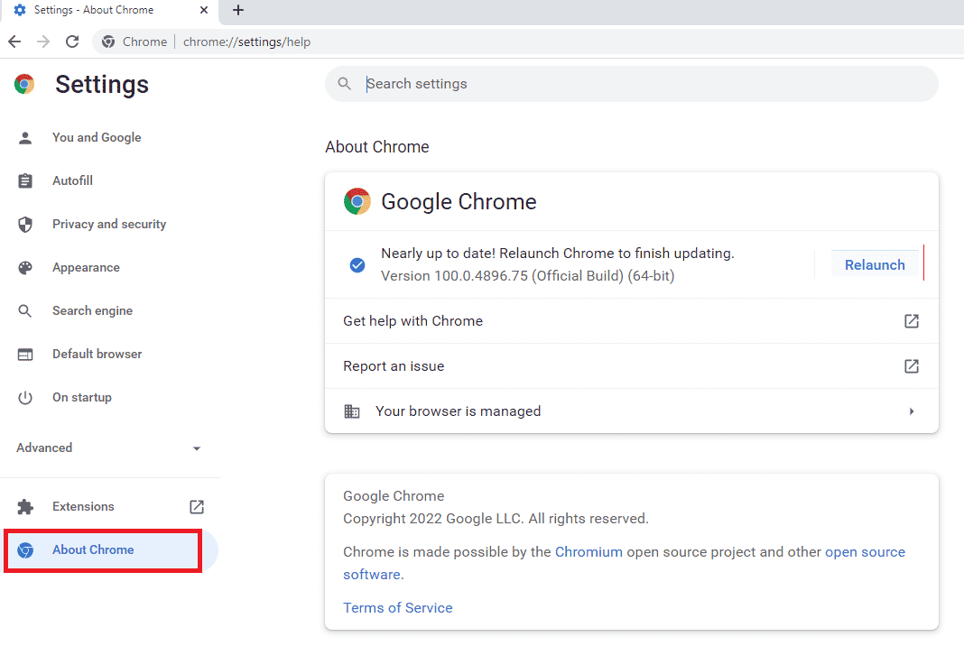 Click on the About Chrome tab under the Advanced section. Fix Twitch Resource Format Not Supported in Windows 10