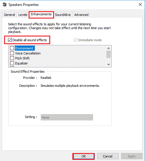 tick the box Disable all sound effects and click on the OK button
