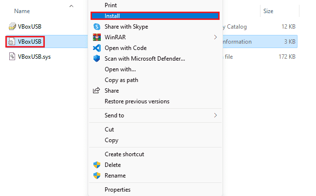 right click on VBoxUSB.inf file and select install option