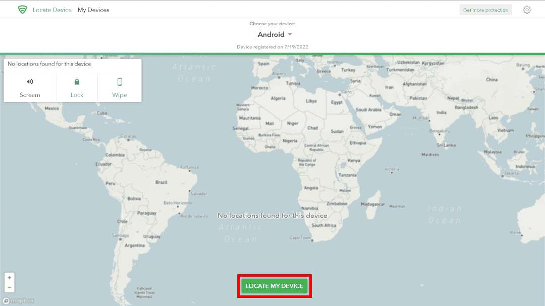 Click on the LOCATE MY DEVICE button to locate your device | Lookout tracking app