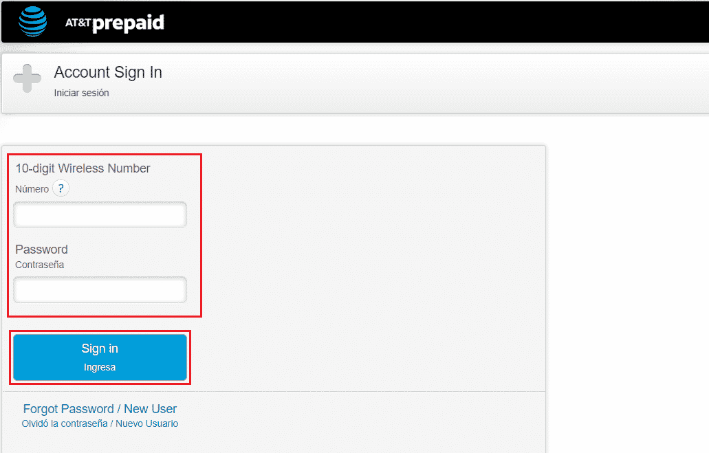 Enter your 10-digit Wireless Number and Password and click on Sign in