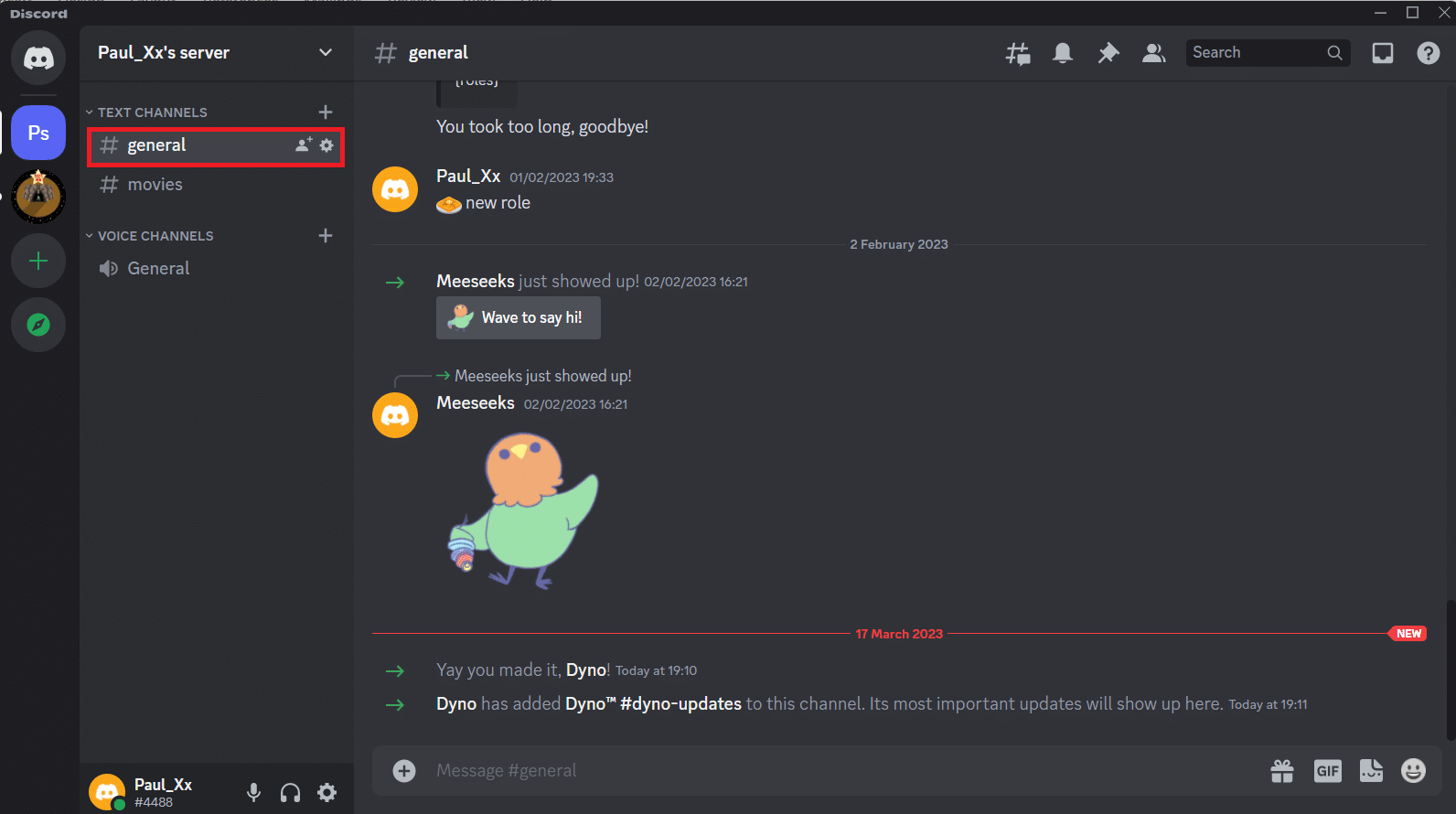 Open a Discord channel or Direct message In this case the general channel