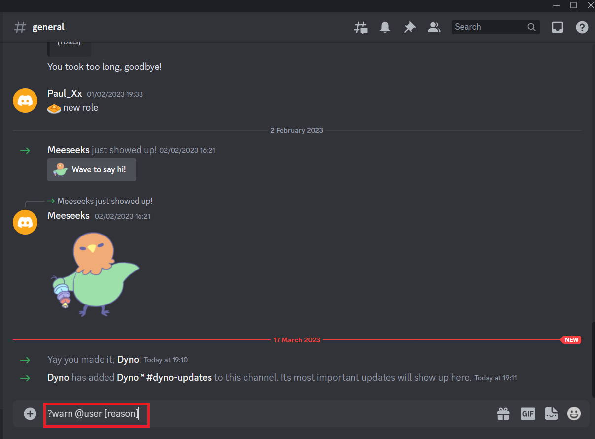 Type the following command in the channel or direct message to Dyno warn user reason