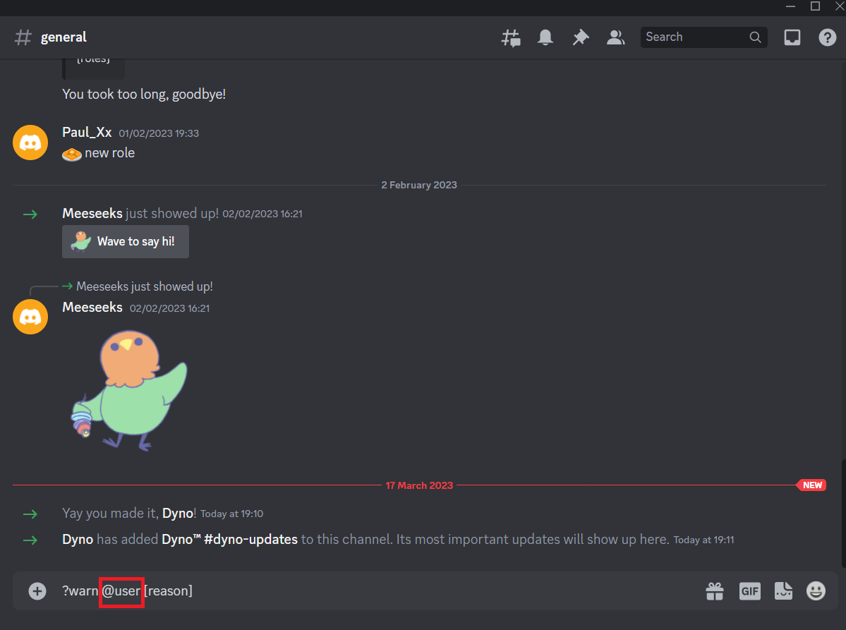 Replace the user with the username or mention of the user to be warned. How to Warn Someone on Discord