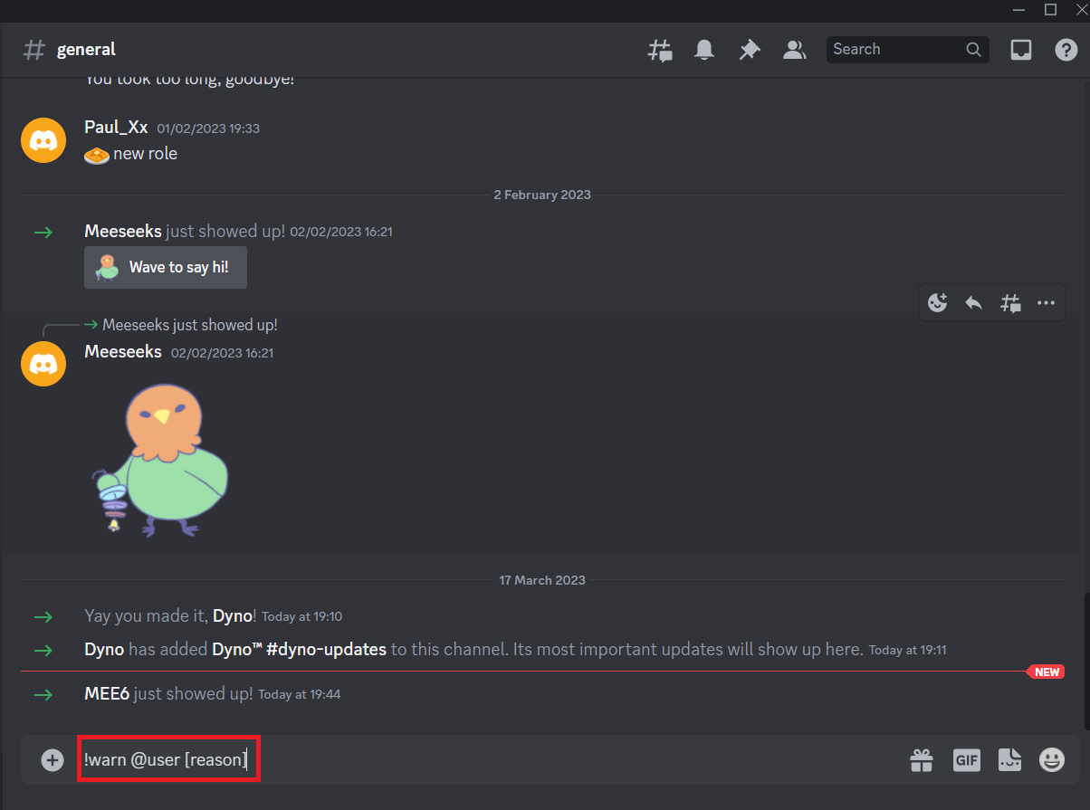 Type the following command in the channel or direct message to MEE6 warn user reason