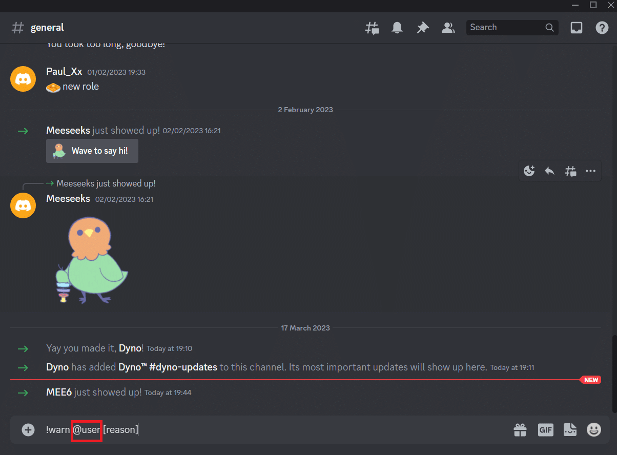 Replace the user with the username or mention of the user