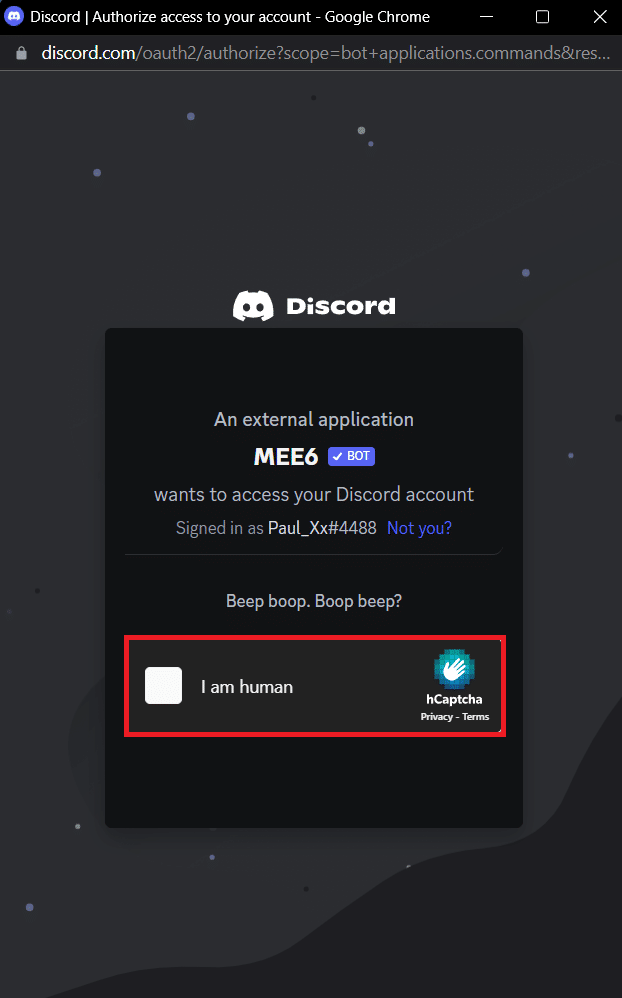 Complete the CAPTCHA to add the MEE6 bot