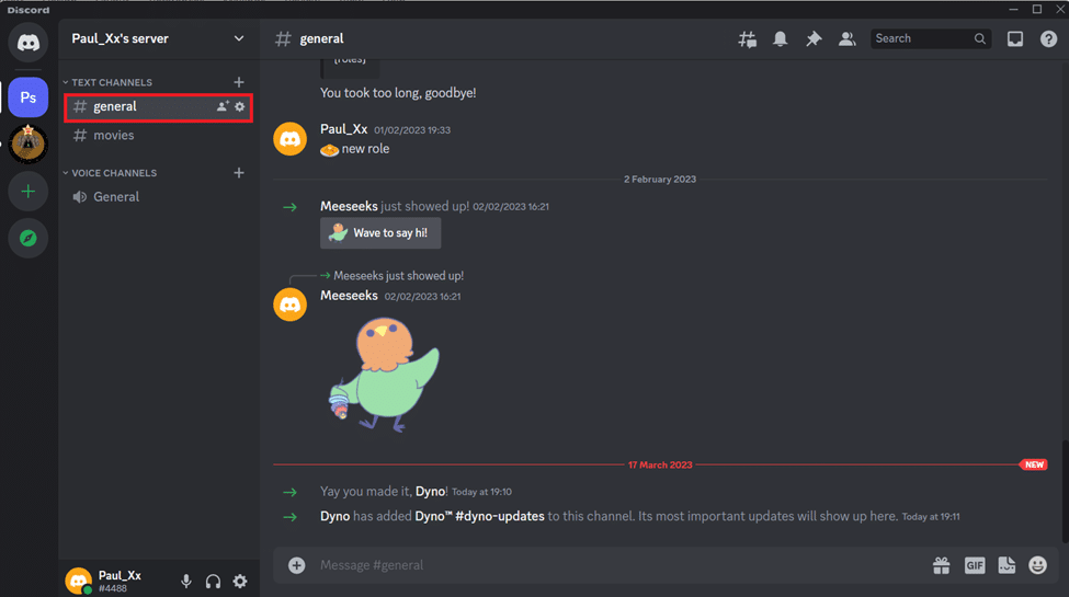 Open the Discord channel or the direct message where a user is warned In this case the general channel