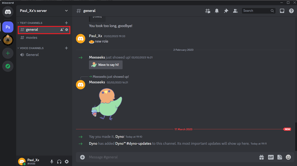 Open the Discord channel or Direct message In this case the general channel