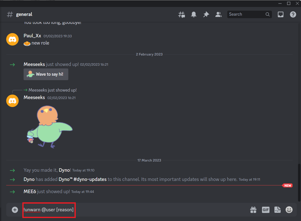 Type the following command in the channel or the direct message to MEE6 unwarn user reason. How to Warn Someone on Discord